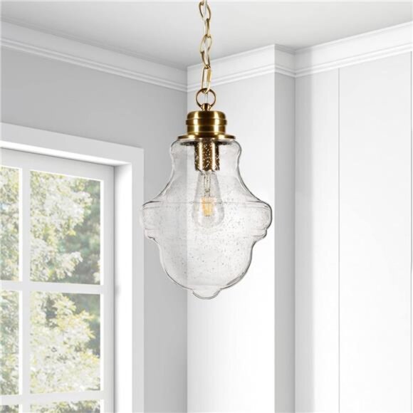 Annie 9.13" Wide Pendant with Glass Shade in Brass/Seeded - Picture 3 of 7